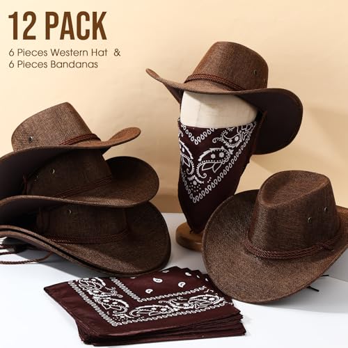 Image of Zhanmai 12 Pcs Cowboy Hat and Bandana Cowboy Cowgirl Hats Bulk Western Party Costume Halloween Accessory