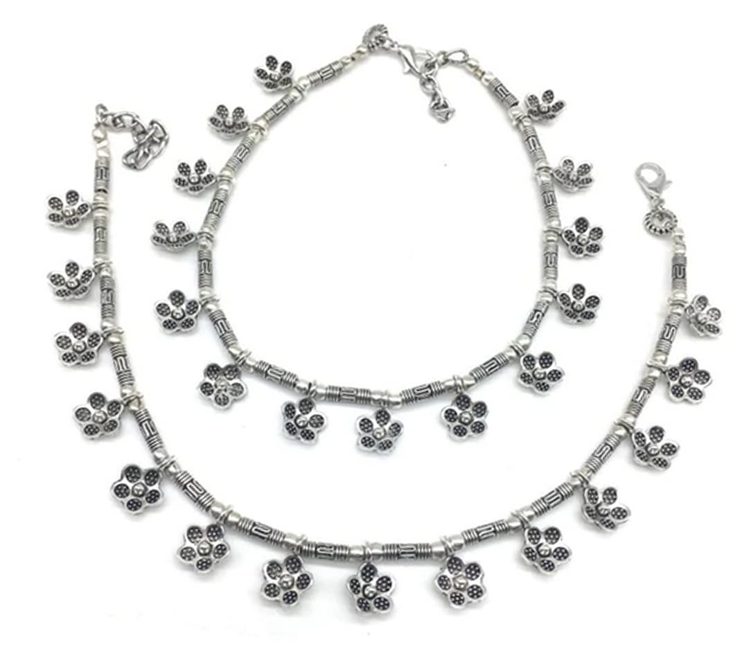 German Antique Oxidised Silver Plated Metal Alloy Traditional Indian Style Anklets Payal/Pazeb Pair for Women Flower-image-26