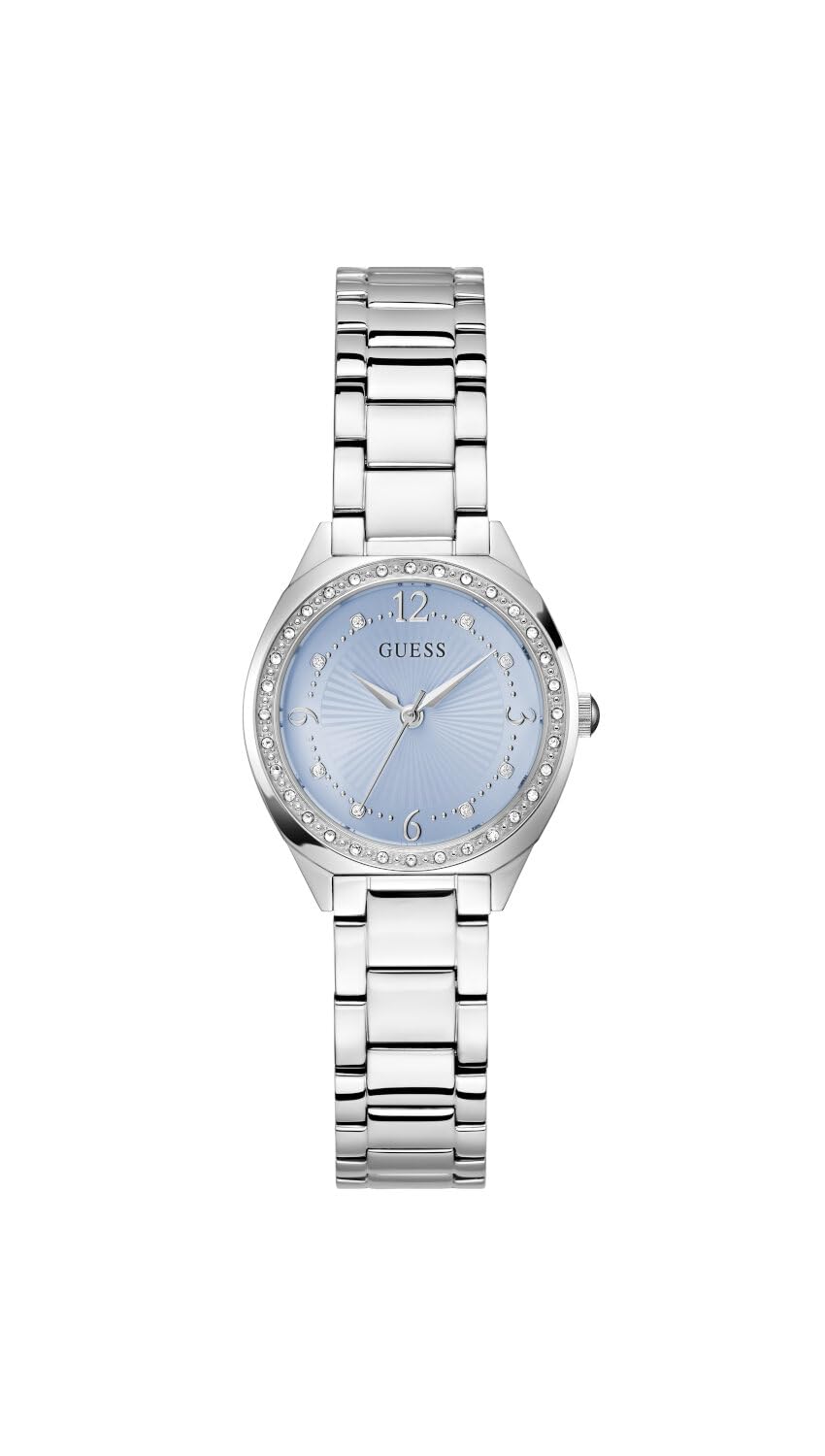 Guess Damski zegarek na rękę GW0767L6 Charlotte, 30 mm stal nierdzewna srebrny PVD, niebieska tarcza z cyrkonią, kwarc, szkło mineralne, 1 ATM, bransoletka ogniwowa