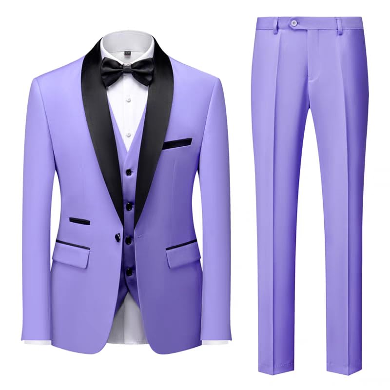 SevenBoy Men's Slim Fit 3 Piece Suit One Button Solid Shawl Lapel Blazer Jacket Vest Pants Set for Formal