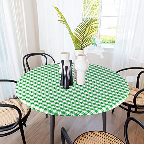 Sorfey Round Tablecloth -Fitted with Elastic, Vinyl with Flannel Back, Fits for Table 48 Inches Round,Water Proof, Easy to Clean, Checked Green Design