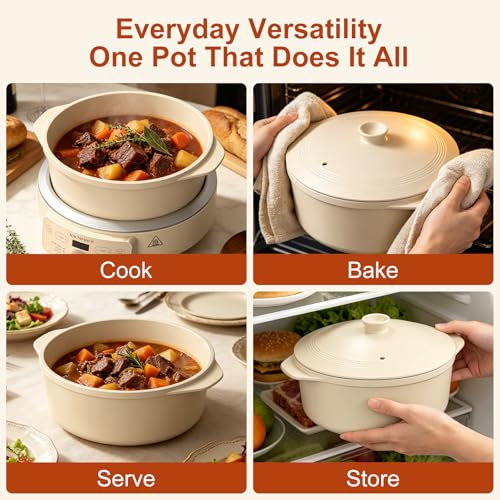 Image of MAGNIFIQUE Slow Cooker, 4.5 Quart 8-in-1 Clay Pot Multi-Cooker, Non-Toxic Slow Cooker with Removable Clay Pot, for Rice, Pasta, Steam & Proof, Nonstick, Oven Safe Pot to 500F, Oatmeal