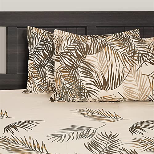 Image of Swayam Roto Cotton King Fitted Bedsheet with 2 Pillow Covers | Size 72 x 78 x 10 inch | 144 TC | Leaf Design | Soft Breathable Bed Sheet | Comfortable & Durable for Bedroom - Beige & Black
