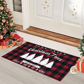 LinTimes Christmas Doormats Buffalo Plaid 16x24 Inch Indoor and Outdoor Carpet Christmas Decoration Rug Washable Anti-Slip Doormat at Home Office Yard Garden Room, Red 40x60 cm