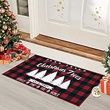 LinTimes Weihnachtsfußmatte Kariert Teppich für Innen und Außen Waschbarer Türvorleger mit Weihnachtsbaum Rot-Schwarz Karos Fußmatte 40 x 60 cm