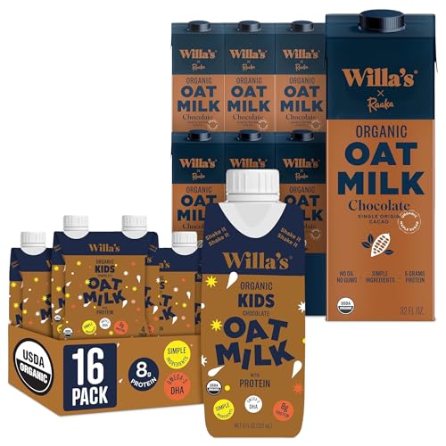 Willa's Organic Oat Milk - Chocolate Unsweetened Cacao Oatmilk, 32 oz, Pack of 6 & Kid's Chocolate Oat Milk, 8.25 fl oz, Pack 16