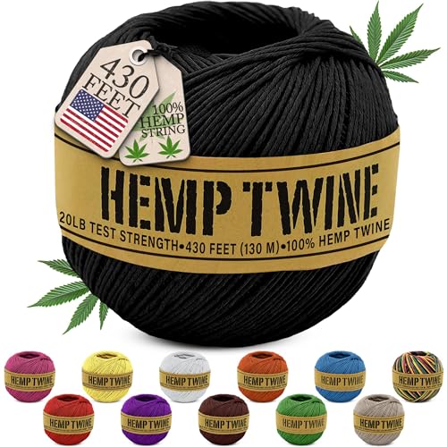 Hemp Twine for Gardening - Twine for Crafts - Organic Natural Hemp String for Jewelry Making - Strong Durable Cord for Decoration Macrame + Cooking - 1MM 100G/430 Ft. - 20 lb. Test Strength - Black