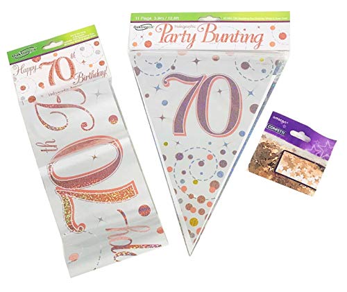 70th Birthday Decoration Kit Age 70 Decorations Banner Bunting Confetti Rose Gold FANCYDRESSCOZ FDC Him Her Men Women