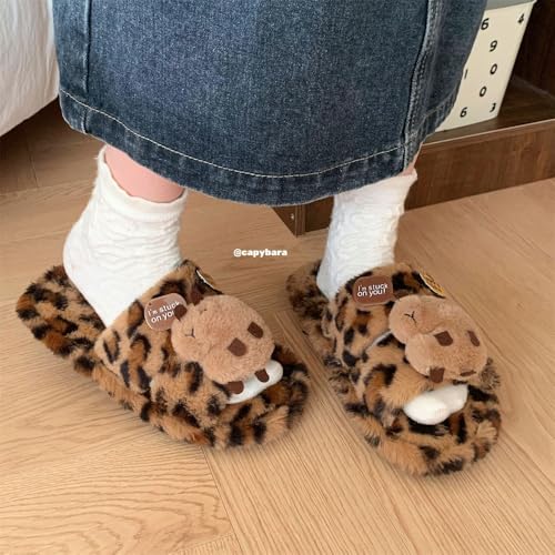 Capybara Slippers Cute Fuzzy Warm Plush Winter Shoes, Leopard Cozy Indoor Outdoor House Sandals Bedroom Comfort Wear Soft Cloud Slides Faux Fur Furry Lightweithg Anti-Skid Funny Grips Kawaii Slippers4
