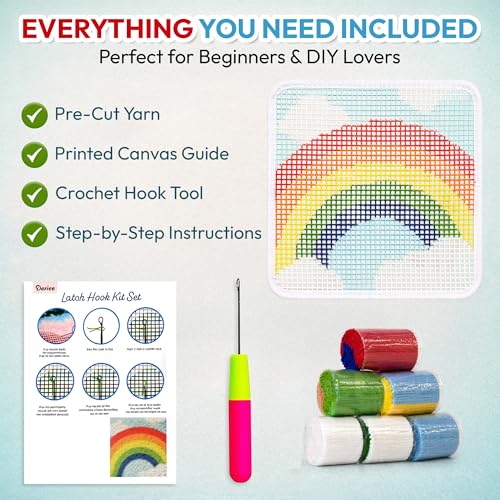 Image of Darice Latch Hook Rug Kit, Rainbow Design DIY Latch Hook Kit for Kids & Adults, Color Canvas, PreCut Yarn & Hook Tool, Craft Activity & Gift for Kids