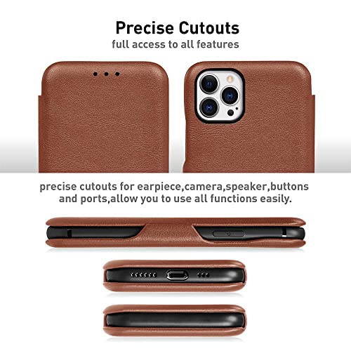Image of PULOKA for iPhone 13 Pro Max - Sleek Flip Case - Premium Vegan Leather Phone Cover with Card Slot - Slim, Durable, Privacy Protection - Kickstand Function - Elegant Flip Wallet Cases for Apple - BROWN