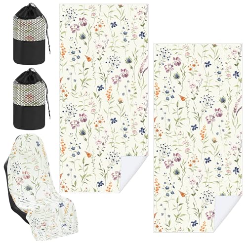 Image of Hahafelt 2 Pack Car Seat Towel Covers with Storage Bag 63 x 32 Inch Athletic Running Towel Seat Sweat Washable Non Slip Cover Gift for Car Outdoor Sport Activities (Wildflowers)