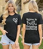 Christian Shirts for Women Walking by Faith Tripping Constantly Religious Tshirt Inspirational Bible Tee Dark Gray XL