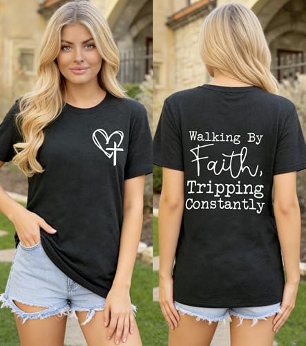 Christian Shirts for Women Walking by Faith Tripping Constantly Religious Tshirt Inspirational Bible Tee Dark Gray XL