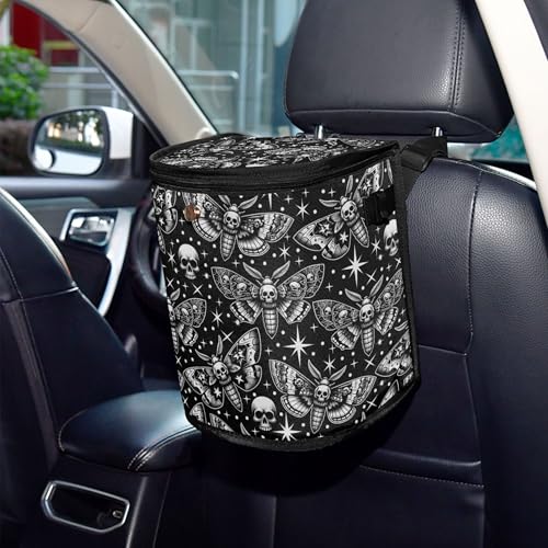 Image of MNSRUU Car Trash Can with Lid, Digital Skull Head Moth Car Trash Bag Hanging Organizers and Storage for Front Back Seat, Leak-Proof Trash Bin