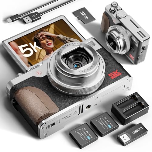 64MP Digital Cameras for Photography 5K - 18X Zoom Autofocus, 3” 180° Screen Flips, Anti-Shake, 32GB Card & 2 Batteries, Compact Vlogging Camera for Travel YouTube (Silver)