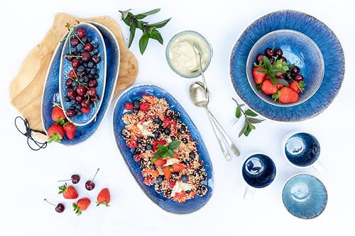 Foto von MÄSER Serie Frozen Set aus 3 Servierplatten, Keramik Servierteller in 3 Größen, moderner Vintage Look, farblich gesprenkelte Glasur, Steinzeug, Blau Klein