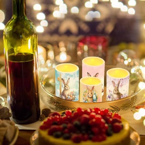 Image of Flameless Light Candles Home Ornaments Battery Operated Candles with Color Changing Timer Remote Control Fake Pillar Candles Tealights Easter Home Decoration, Easter Bunny Colorful