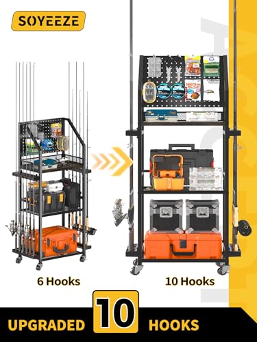 Image of SOYEEZE Fishing Rod Holders for Garage, Fishing Pole Holders Up to 12 Rods with Pegboard and Hooks,Rolling Fishing Cart with Wheels, Fishing Gear Storage For Tackle Box & Reel Organization- 10 Hooks
