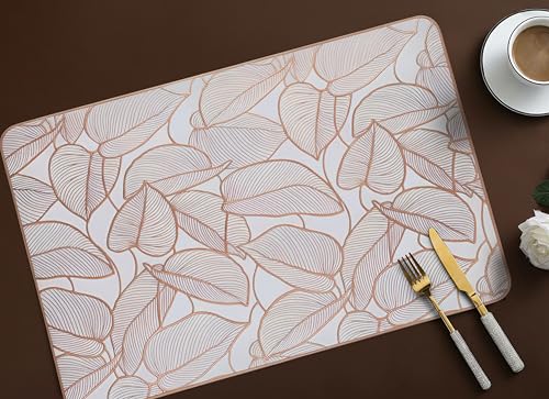 Image of Yellow Weaves 4 Pcs PVC Table Placemats, Dining Table Mat, Stain Resistant, Anti-Skid, Waterproof, Washable, Dining, Kitchen, Restaurant Table Set Easy to Clean, Durable (Leaf Rose Gold)