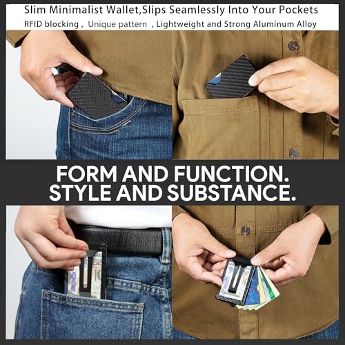 Image of Minimalist Carbon Fiber Wallet for Men, Money Clip Cash Strap Wallet, RFID Blocking Metal Wallet Aluminum Card Holder,Front Pocket Wallet(Carbon Fiber)
