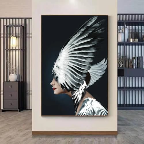 Affiches Impressions sur Toile Peinture Moderne Décoration Salon Portrait Fille Plume 60x80cm