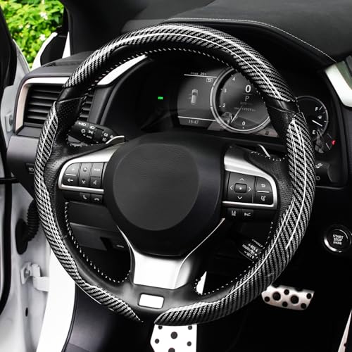 Image of Amiss 3pcs Carbon Fiber Anti-Skid Steering Wheel Cover, Waterproof Design, Universal Fit for 14-16 Inch Car Wheel Cover, Interior Car Accessories for Jeeps, SUVs, Trucks (Glossy Black)