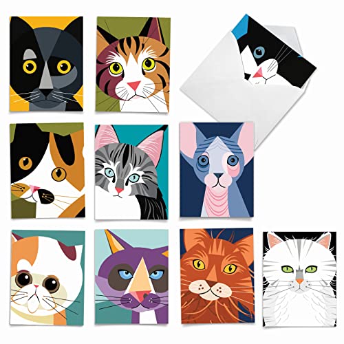 Image of The Best Card Company 10 Assorted Thank You Cat Lovers Notes Bulk Box Set 4 x 5.12 Inch with Envelopes (10 Designs, 1 Each) For Men and Women, Cubic Cats M6730TYG