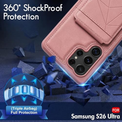 Image of amazon basics Premium Vegan Leather Back Cover with Card Holder and Integrated Mobile Stand for Samsung Galaxy S26 Ultra 5G - Slim Shockproof Wallet Case with Geometric Stitching [Pink]
