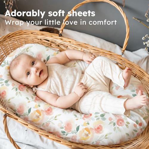 Image of Baby Bassinet Sheets, 3 Pack Fitted Bassinet Mattress Sheets, Compatible with Halo Bassinest Swivel Sleeper & Oval Hourglass Rectangle Mattress, Ultra Soft Orange Watercolor Flower