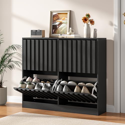 UEV Wide Shoe Cabinet with 4 Flip Drawers Narrow Shoe Storage Unit for Hallway or Entryway Modern Wood Slat Doors with Ventilated Design Holds 16 Pairs Black
