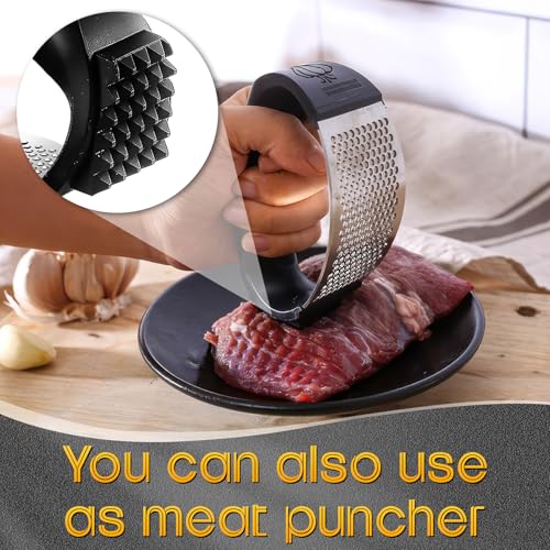 Knoblauchpresse Wippe,Knoblauchpresse Edelstahl Multifunktional Garlic Press mit Silikonschäler und Reinigungsbürste Knoblauchwippe Spülmaschinenfest, Perfekt für Knoblauch, Ingwer und Mehr