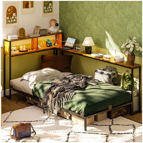 Listado de Cama Individual Walmart - solo los mejores. 41 Simple Wisdom Esquina Cama Individual,Base Cama Individual con Estación de Carga y Luces LED,Base de Cama con Almacenamiento y Plataforma,Una Bases de Cama Individuals Robusta y...