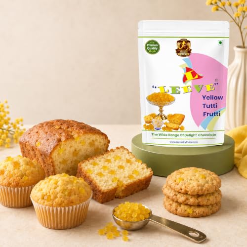 Image of Leeve Yellow Tutti Frutti, Candied Papaya Cubes for Cakes, Cookies, Ice Cream, Muffins and Dessert Decoration, Sweet Chewy Bakery Topping, 400 g