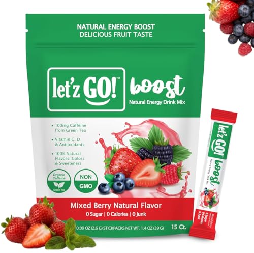 Let'z Go Clean Energy Drink Mix – Natural Caffeine Packets, Vitamins C + D, Electrolytes, Sugar-Free, Zero Calories | Anytime Energy | 15 Count (Mixed Berry)