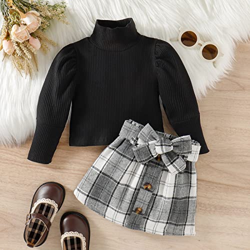 KAGAYD Toddler Kids Girl Fall Winter Clothes Turtleneck Knit Pullover Sweater Plaid Button Mini Skirts Set3