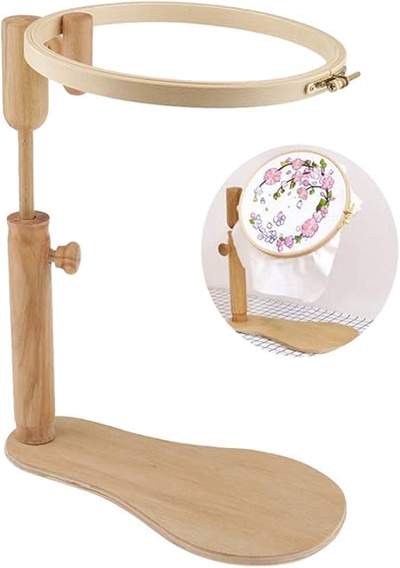RoseFlower 8.27'' Cross Stitch Frame Stand, Adjustable Wooden Embroidery Hoop Cross Stitch Rack, Needlework Lap Frame Sewing Tool with Bamboo Circle Embroidery Hoops for DIY Craft thread Sewing