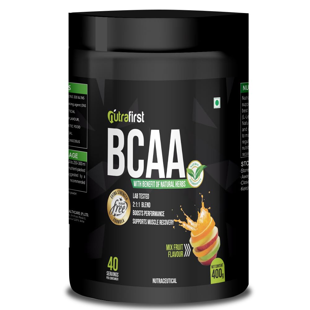 Nutrafirst Natural BCAA Supplement for Men | Mixed Fruit Flavor | Pre/Post/Intra Workout | 2:1:1 Ratio of Leucine & Isoleucine | Muscle Recovery | Vegan & Sugar-Free BCAA Powder | 400g (40 Servings)-image-7