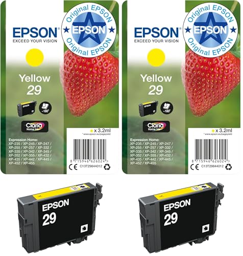 Epson Claria Home 29 - Cartucho de Tinta estándar de 3,2 ml, Paquete estándar, Color Amarillo válido para los Modelos Expression Home XP-235, XP-442 y Otros (Paquete de 2)