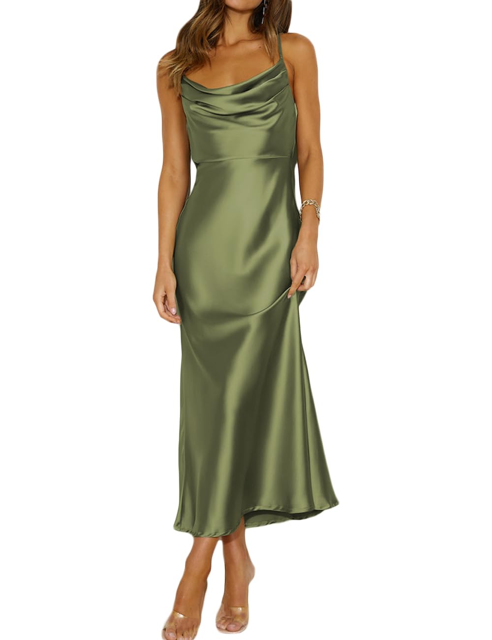 Photo 1 of (large) Summer Satin Spaghetti Strap Cowl Neck Backless Midi Dresses for Women Elegant Tie Low Back Ruched Cocktail Dress Olive