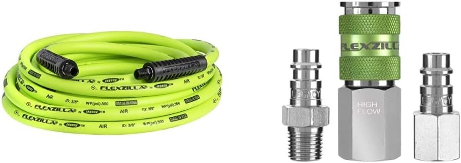 Flexzilla Air Hose, 3/8 in. x 25 ft., 1/4 in. MNPT Fittings, Heavy Duty, Lightweight, Hybrid, ZillaGreen - HFZ3825YW2 & Pro High Flow Coupler & Plug Kit (3 Piece), 1/4" NPT - A53452FZ