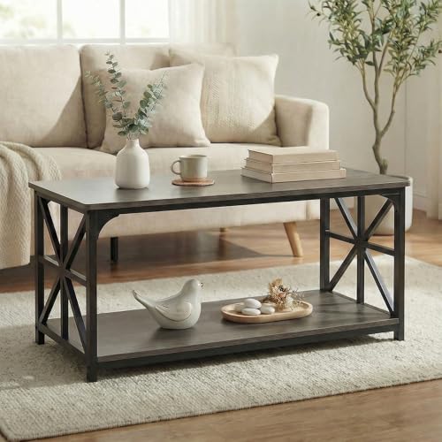 Image of GOFLAME 2-Tier Rectangular Coffee Table, Modern Center Table with Wooden Top, Metal Frame, X Shaped Side Pattern, Display Accent Tea Tables, Living Room Tables for Apartment (Gray Oak & Black)