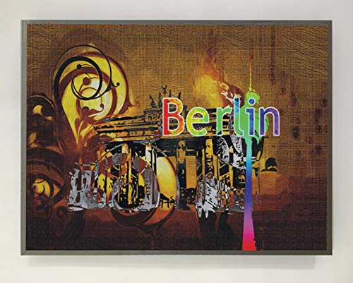 Bild mit Holzrahmen weiß lackiert mit LED-Berlin-Licht.