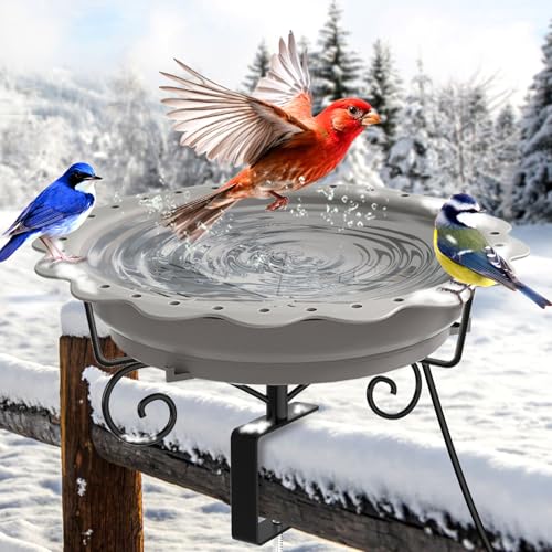Jvgoo Heated Bird Bath for Deck Railing, Powerful 100W Thermostatically Controlled Heated Bird Baths for Outdoors for Winter, Heated Birdbath Water Heater for Outside Garden Yard Patio Lawn (Grey)