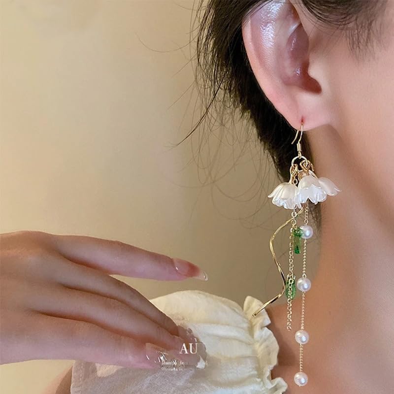 Bell Orchid Flower Earrings for Women White Lily of the Valley Floral Simulated Pearl Long Tassel Dangle Drop Earrings Wedding Bridal Jewelry - Image 3