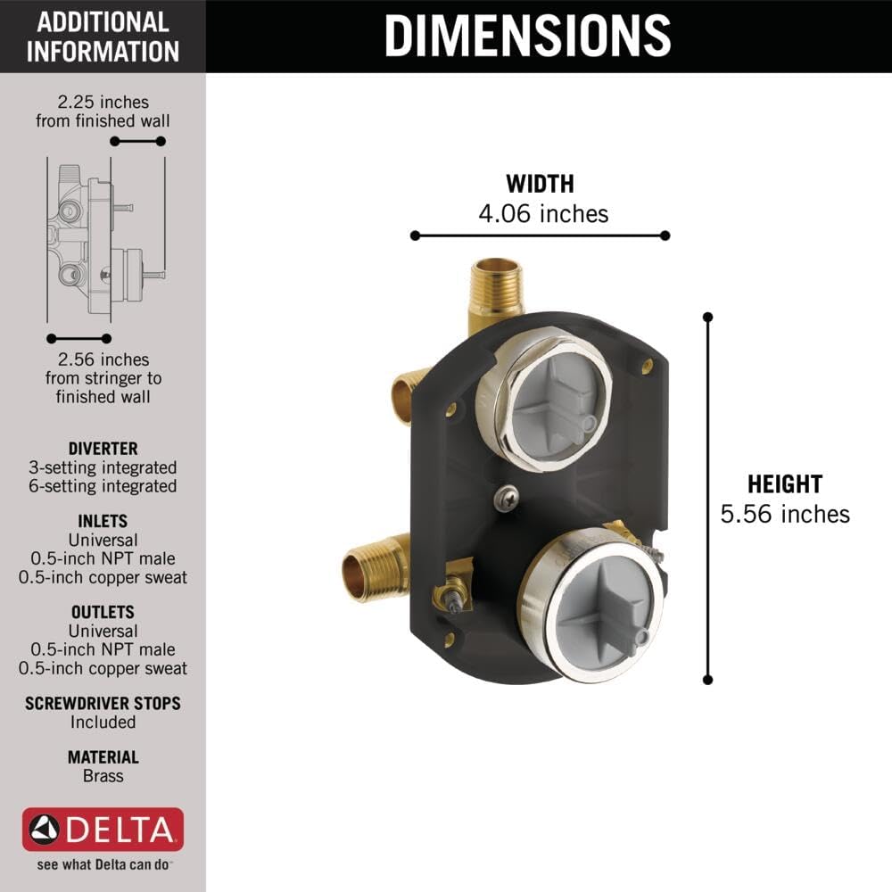 Delta Faucet R22000 MultiChoice Universal Valve 3-Setting 6-Setting Custom Shower Integrated Diverter Rough, Custom Shower Valve Kit, Brass Construction, R22000-WS (Screwdriver Stops Included) - Image 6