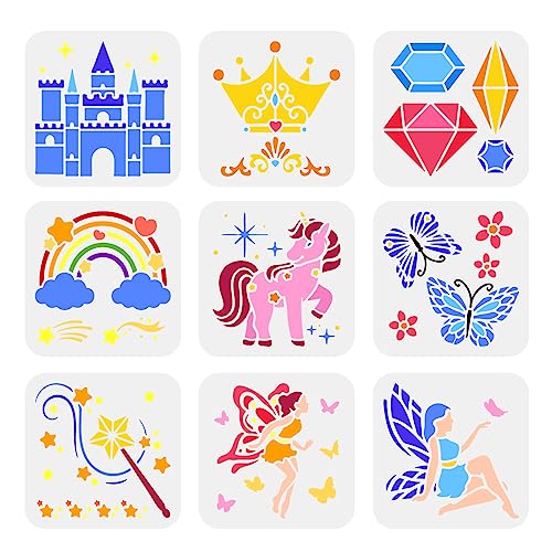 FINGERINSPIRE Lot de 9 pochoirs réutilisables en plastique sur le thème fantastique de 15 x 15 cm, motif papillon, licorne, étoiles, fées, château,...