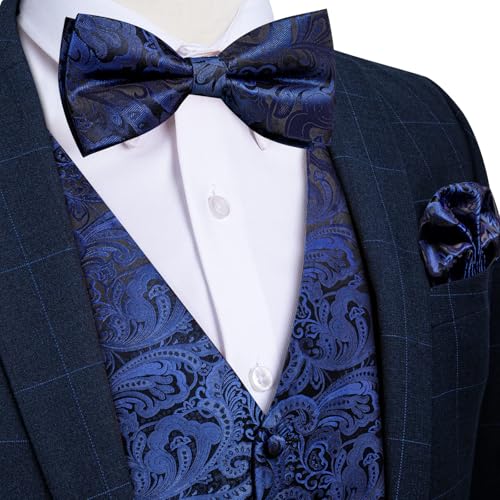 Image of DiBanGu Mens Paisley Suit Waistcoat,Silk Dress Vest and Bowtie Pocket Square Cufflinks with Lapel Pin Set for Wedding Tuxedo