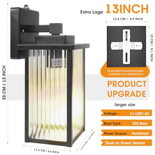 Image of 13 Inch Matte Black Outdoor Wall Light, Dusk to Dawn Waterproof Exterior Light Fixture for Porch, Front Door or Garage