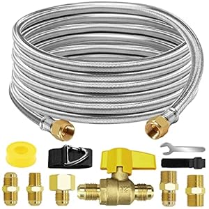 20Ft High Pressure Braided Propane Hose Extension and fittings with Conversion Coupling 3/8″ Flare to 1/2″ Female NPT 1/4″ Male NPT 3/8″ ball valve switch 3/8″ Male Flare for BBQ Grill Fire Pit Heater